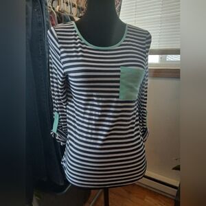 Rue 21 Sz Sm Blue Strip/mint Green Bow Blouse